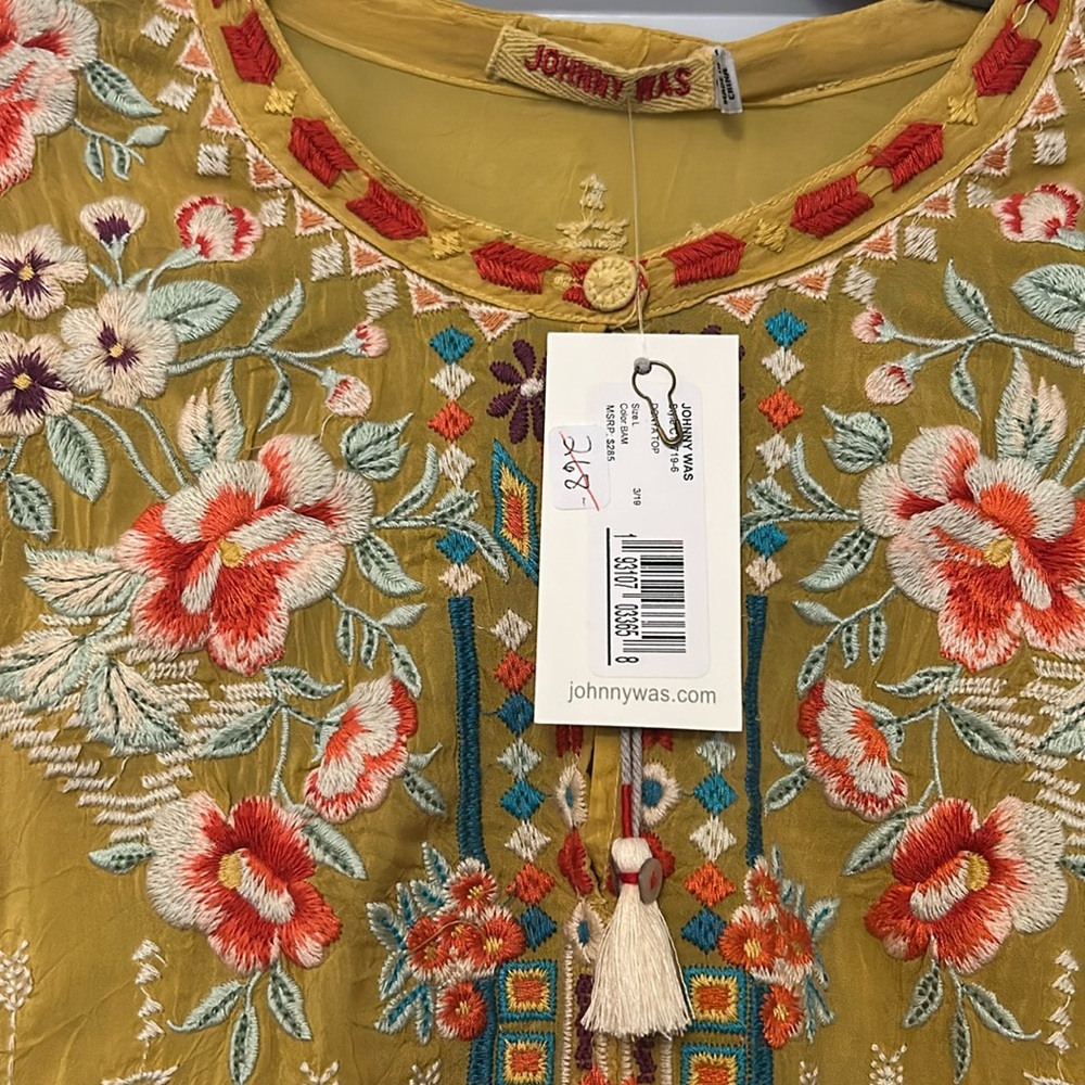 Johnny Was Gold Tie Front Blouse with Mandarin Collar - Picture 2 of 7